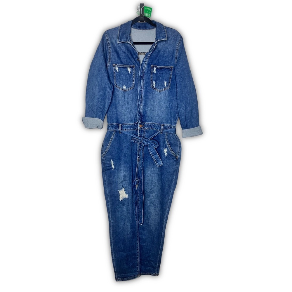 Distressed Blue Denim Jumpsuit with Tie Waist Plus Size 2X